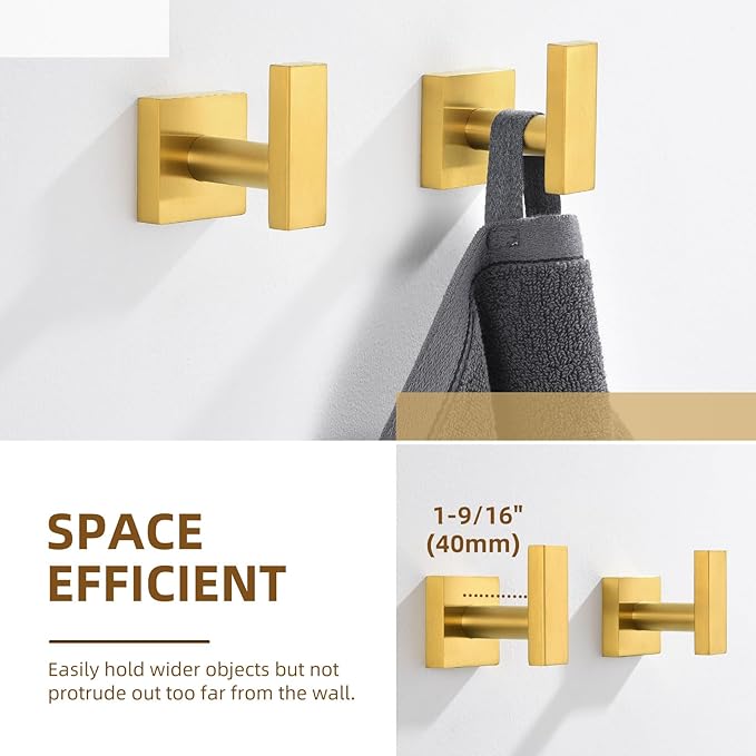 Angle Simple Towel Hooks for Bathroom, SUS 304 Stainless Steel Square Robe Coat Wall Hooks, Hand Towel Holder, Brushed Gold, 2 Pack