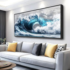 PHAOHUAXM Blue Wave lPaintings Wall Art For Living Room Wall Decor For Bedroom Ocean Inspiration Wall Pictures Office Decor Posters Modern Printing Canvas Artwork Home Decor Black Framed 20x40 In