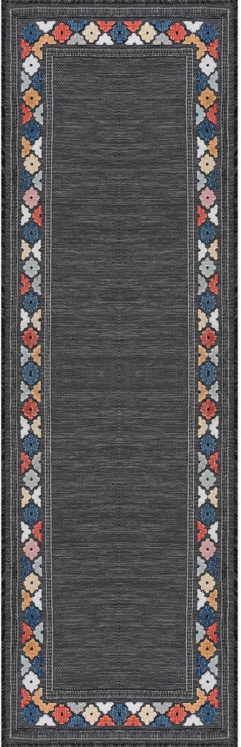 Beverly Rug Outdoor Runner Rug 2x7 Modern Floral Bordered Area Rugs for Indoor and Outdoor Patio Easy to Clean Non Shedding Living Room Porch Garden Washable Outside Carpet (2 x 7 Dark Gray)