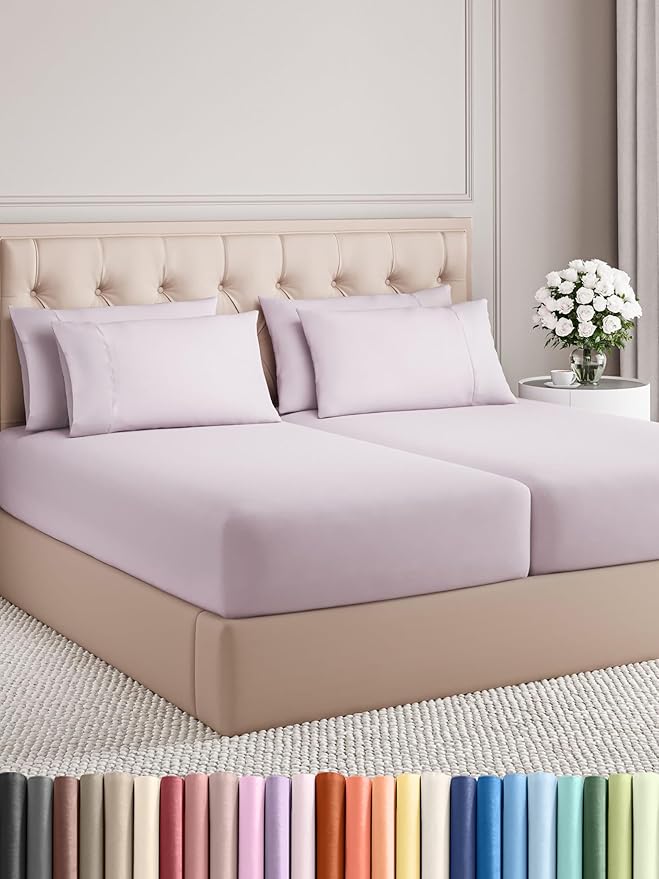 Split King Sheets Set 7 Piece - Includes 4 Pillowcases - Bed Sheets Split King - Soft Hotel Luxury Bedding - Cooling & Breathable - 1 Flat & 2 Fitted & 4 Pillowcases w/ Deep Pockets - Light Lavender