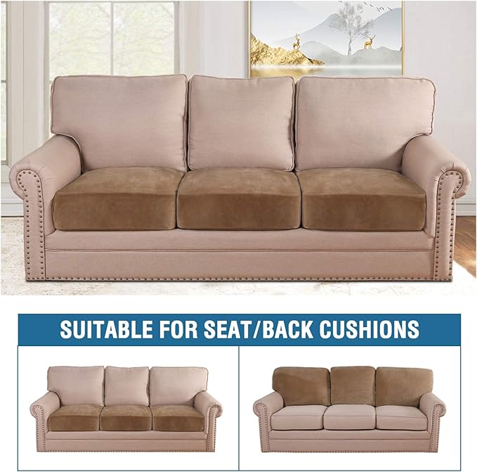 H.VERSAILTEX Velvet Stretch Couch Cushion Cover Plush Cushion Slipcover for Chair Loveseat Sofa Cushion Furniture Protector Seat Cushion Sofa Cover (3 Piece Sofa Cushion Covers, Camel)