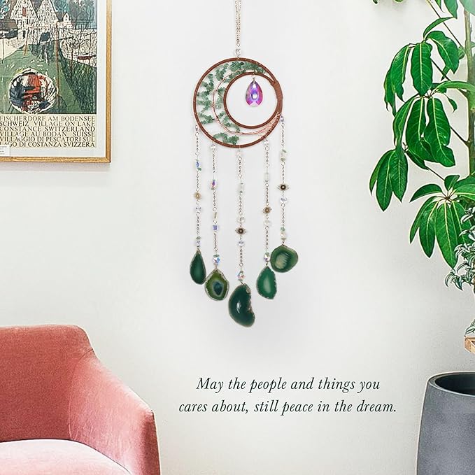 Green Agate Gemstone Large Moon Dream Catcher Chakra Tree of Life Dream Catcher with Aventurine Handmade Dreamcatcher Suncatcher Wall Decor for Adults Boys Girls Bedroom Garden Bless Gift