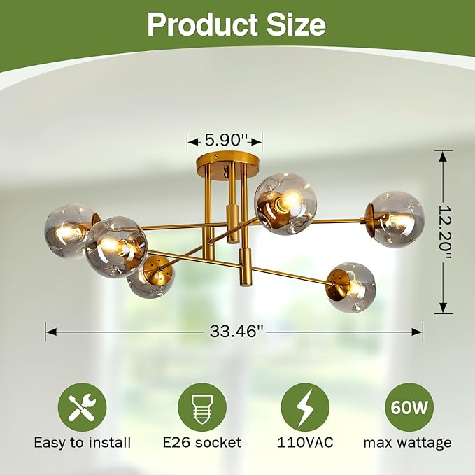 SZXYKEJI 6-Lights Glass Globe Chandelier Modern Flush Mount Ceiling Light Fixture Gold Farmhouse Lighting for Dining Room Living Room Bedroom Kitchen Passageway.