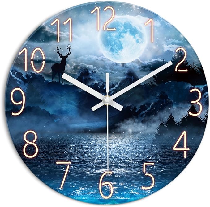 XFM Extra Large Blue Wall Clock 24 Inch Round Silent Non-Ticking Battery Operated Wall Clocks Glass Moon Forest Deer Decorative Clock for Kitchen Living Room Home Office