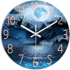 XFM Extra Large Blue Wall Clock 24 Inch Round Silent Non-Ticking Battery Operated Wall Clocks Glass Moon Forest Deer Decorative Clock for Kitchen Living Room Home Office