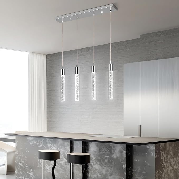 Kitchen Island Lighting Modern Light Fixture Chrome Pendant Light Dimmable LED Chrome Finish Mini Crystal Pendant Lights for Dining Room Living Room（4-Light）