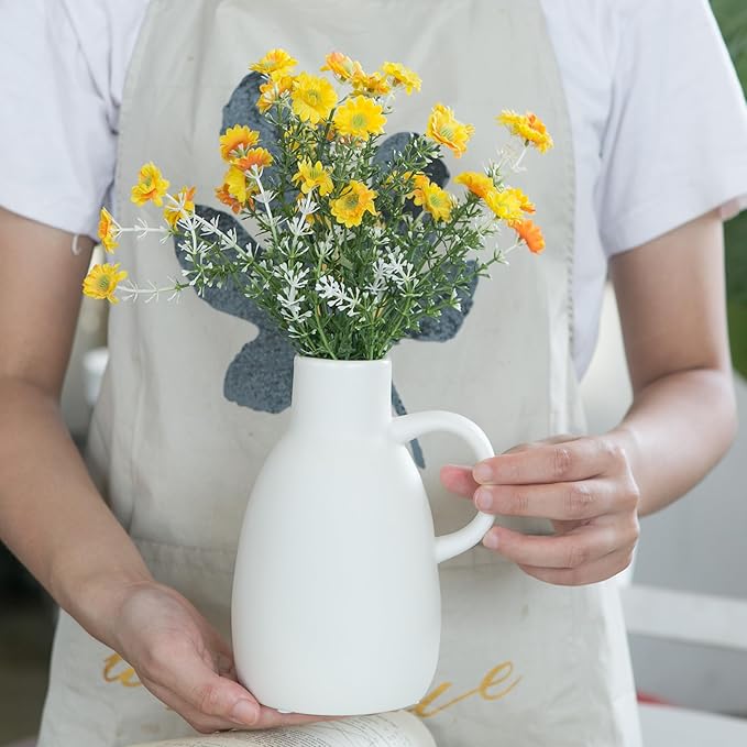 White Ceramic Vase Set - 2 Small Vases with Handle, Pottery Vases for Modern Home Decor, Minimalist Matte Pitcher for Fowers, Decorative Clay Vase Centerpiece Dining Table Decorations