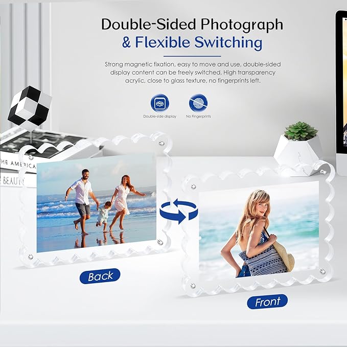 2Pack Acrylic Magnetic Photo Frame 5x7 Inch - Sleek Scalloped Design, 10+10mm Thick Crystal Clear Block, Freestanding Double-Sided Magnet |Trendy Home Gift (2 Pack, 5X7)