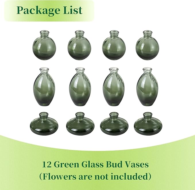 Hewory Glass Bud Vases for Centerpieces: Set of 12 Cute Green Small Vases Handmade, Mini Flower Vase for Floral Arrangement, Tiny Decorations for Home Office Wedding Reception Party Events Table Decor