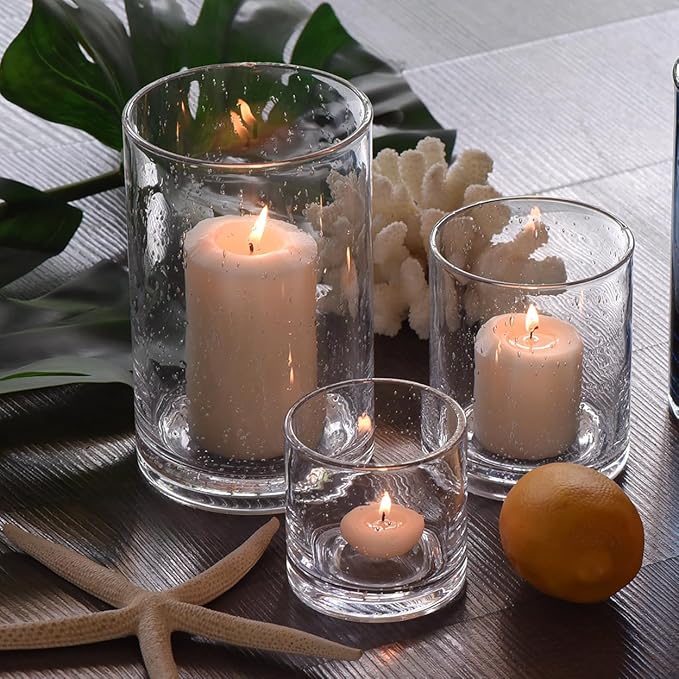 ARIAMOTION Hurricane Glass Candle Holders Set, Pillar Votive,Clear Seeded Bubbles Cylinder Vase,Modern Rustic Table Centerpieces Bulk, 3 Sizes 8 Inch 5 Inch 3.5 Inch Height