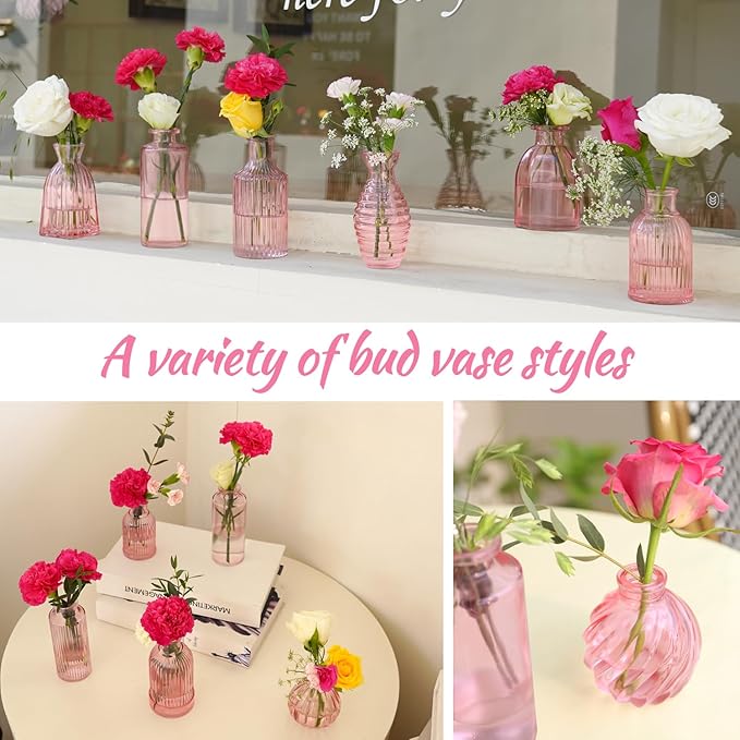 Pink Vase, Bud Vases Set of 12, Small Pink Glass Vases for Flowers Modern Ribbed Glass Bud Vase for Decor Wedding Flower Vase in Bulk Vintage Decor Bridal Shower Centerpieces Home Table Decoration