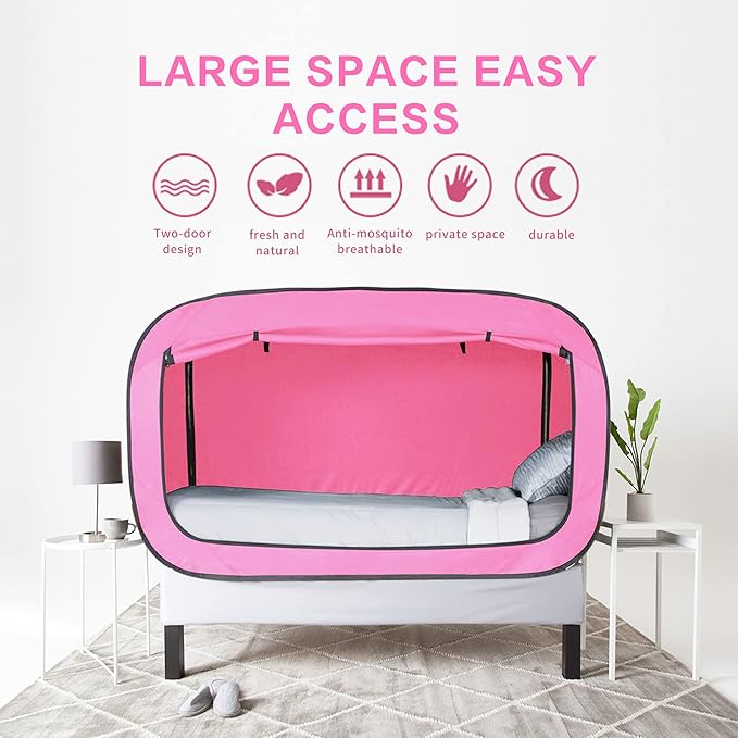 Bed Tent Twin Bed Canopy Portable Dream Tent for Adult Indoor Sleeping Tents with 2 Doors Breathable Private Space Tents, Pink