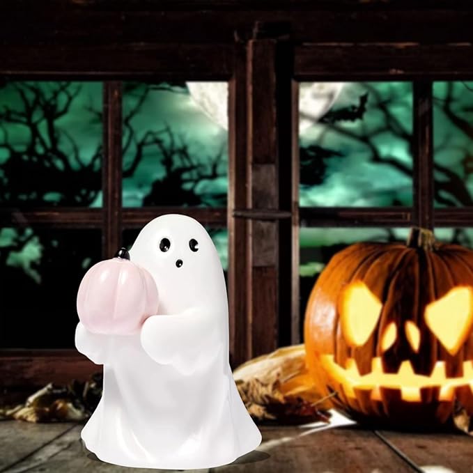 Halloween Ghost Figurine with Holding Pink Pumpkin, Funny Resin Ghost Statue Halloween Decor for Bookshelf, Terrace, Bedroom,Porch and Tabletop