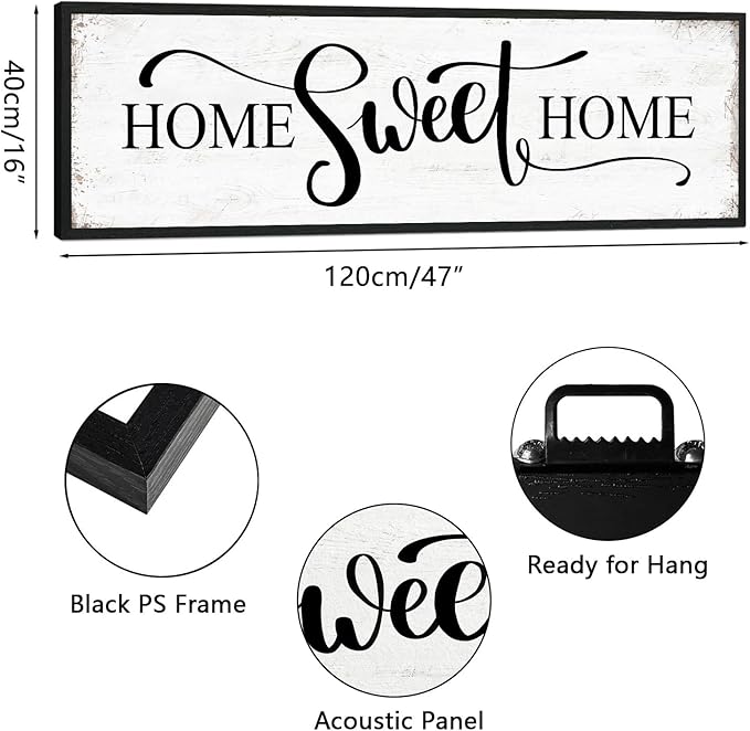 HLJ ART Home Sweet Home Wall Decor Above Bed 16"x48" Framed Large Bedroom Signs Decor for Master Family Room Living Room Dining Room,Modern Farmhouse Ructic Home Sign Behind Couch Wall Decor