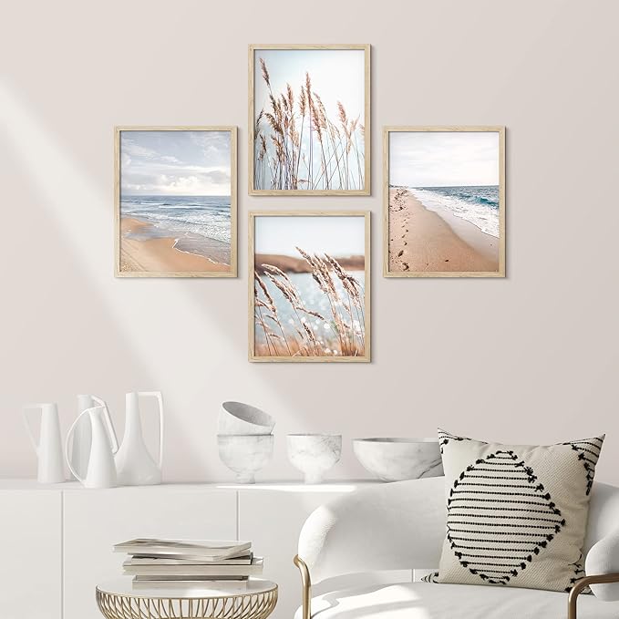SIGNWIN Framed White Beach Grass Cloudy Ocean Sea Wave Horizon Wall Art, Set of 4 Landscape Colorful Wall Decor Prints, Nature Wilderness Wall Décor for Living Room, Bedroom - 11"x14" Natural