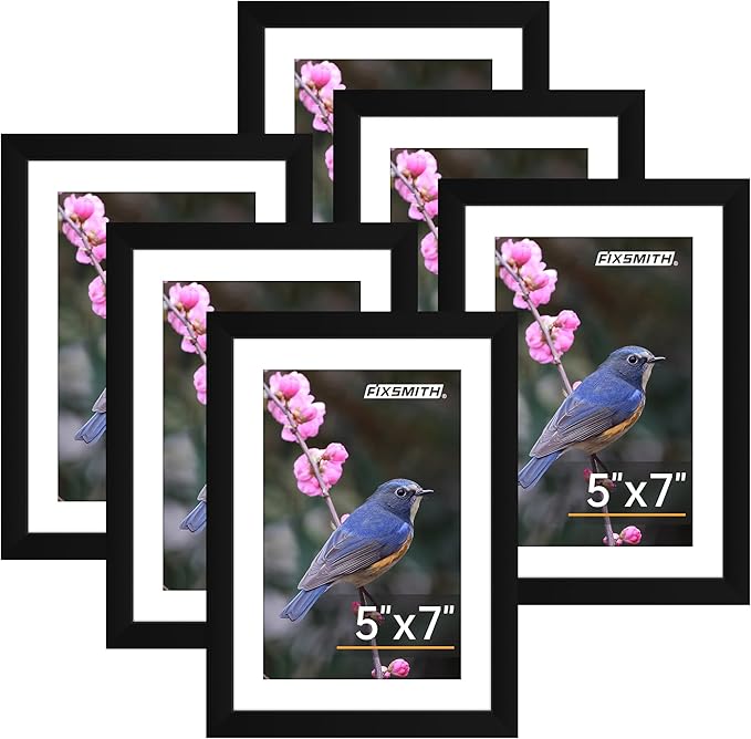 FIXSMITH 5x7 Picture Frame Set of 6, Photo Frame with HD Plexiglass, Display Pictures 4x6 with Mat or 5x7 Without Mat Multi Picture Frames Collage for Tabletop or Wall Display, Black