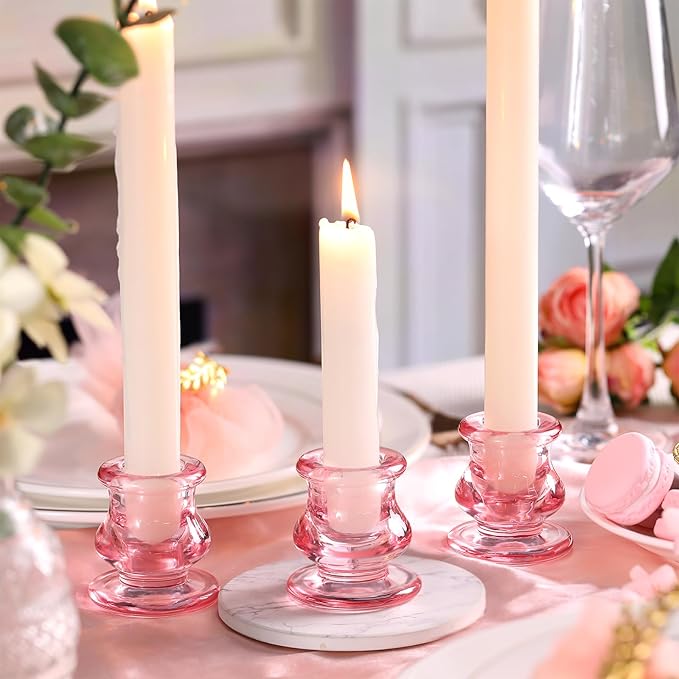 12pcs Pink Candlestick Holders, Pink Glass Candle Holders for Pillar Candles, Taper Candle and Tealight Candles, Taper Candle Holders for Wedding, Table Centerpiece