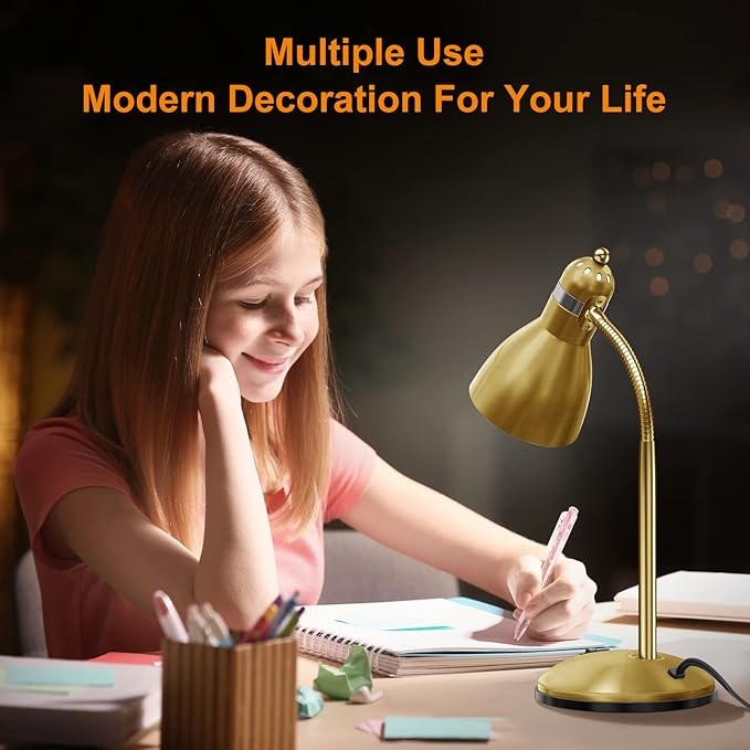 LEPOWER Metal Desk Lamp, Adjustable Goose Neck Table Lamp, Eye-Caring Study Desk Lamps for Bedroom, Study Room and Office (Gold)