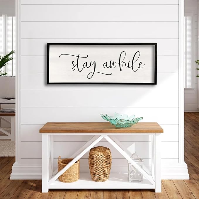 Stay AWhile Sign Wall Decor Sign 40"X15" Large Living Room Entryway Wood Framed Rustic Wall Decor for Vintage Farmhouse Foyer Hanging Lets Stay Home Wall Art (Black)