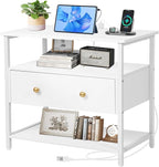 27 Inch Wide Night Stand with Charging Station, Wood Nightstand with Open Shelf, Large Drawer Bedside Table for Living Room/Bedroom/Office (White)