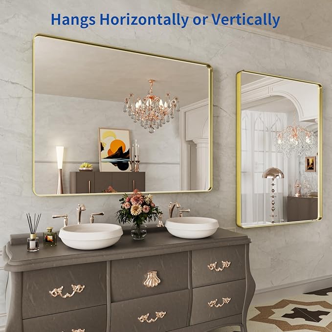 WEER Gold Bathroom Mirror, 48X36 Inch Brushed Gold Metal Frame Mirror, Rounded Rectangle Gold Bathroom Vanity Mirror for Wall, Tempered Glass, Anti-Rust, Hangs Horizontally or Vertically