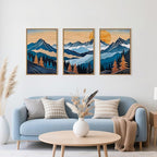 Celestdeco Blue Woodcut Mountain Framed Canvas Wall Art Set, Boho Abstract Ridge Wall Decor, Pine Tree Landscape Wall Painting, Sunrise Forest Art Print for Living Room, Bedroom, Office - 24"X36"X3
