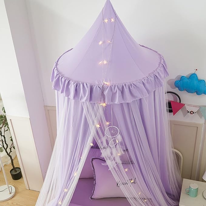 Bed Canopy for with Lights,Double Layer Princess Round Dome Dreamy Mosquito Net Bedding Girls Room Castle Play Tent Hanging House Decor Reading Nook Canopies(Purple/White)