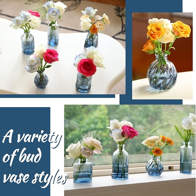Bud Vases Set of 12, Gradient Blue Glass Vase Vintage Flower Vase for Decor Ribbed Small Bud Vases in Bulk Cute Wedding Birthday Party Centerpieces Table Decoration Home Decor