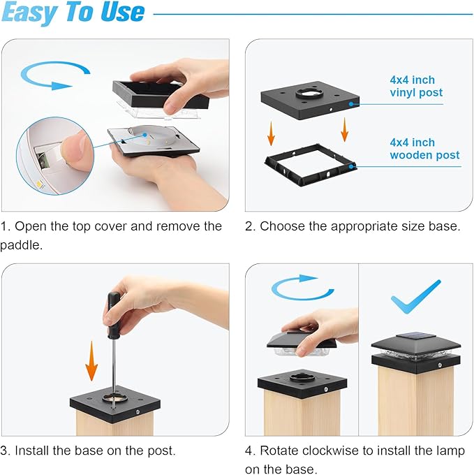 VOLISUN 4x4 Solar Post Cap Light 6pack,Solar Fence - Cap Lights Outdoor Waterproof for Wooden/Vinyl Post,Black Deck Post Cap Light Solar Powered with Warm White for Garden/Patio/Porch