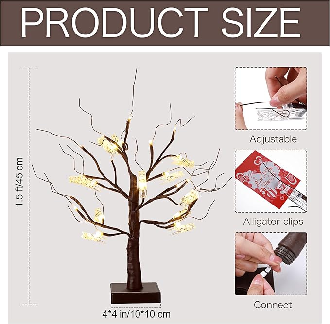 Mudder Money Holder Tree Present Card Holder with 12 Clear Clips LED Birch Twig Lights Tabletop Display Tree for Christmas, Valentines, Memo, Photo, Wedding(Classic Style,Brown, Warm White)