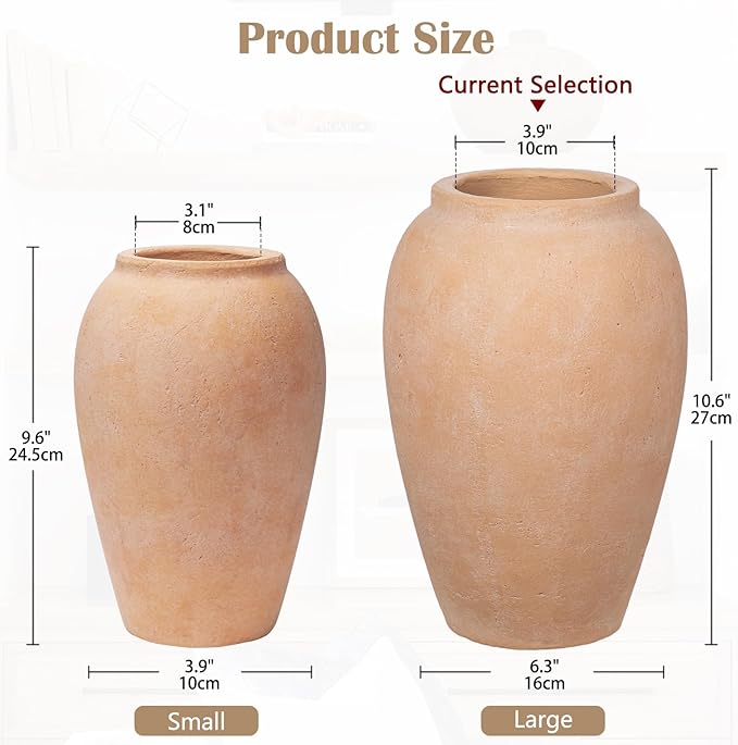 Handcrafted Flower Vase, 10.5" Tall Terracotta Vases, Vintage Rustic Ceramic Vase Décor, Wide Mouth, Matte Finish for Home Office Resto Café Decoration