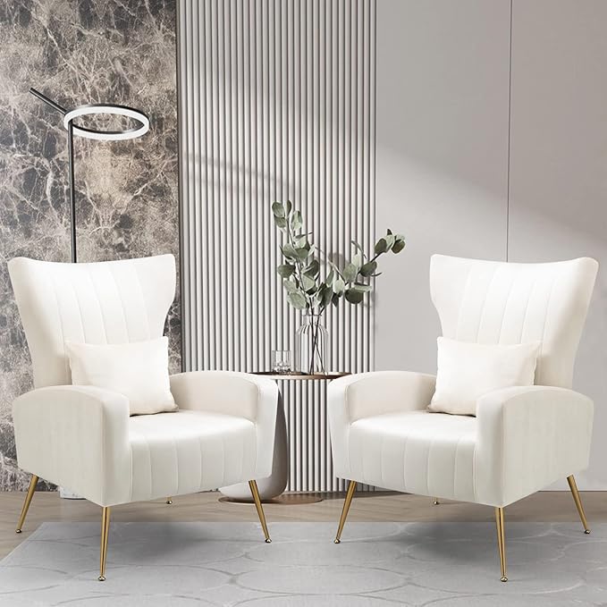 X-VOLSPORT Velvet Accent Chair, Mid Century Modern High Back Living Room Chair with Waist Pillow, Upholstered Arm Chair with Metal Gold Legs for Bedroom, Club, White