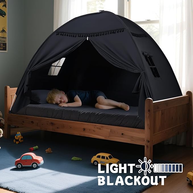 Sumbababy Twin Size Bed Canopy: Lights & Flags Indoor Floor Bed Kids Tent Playhouse - Portable & Foldable Twin Bunk Curtains - Girls & Boys Bedroom Privacy Space Blackout Tents Slumber Gifts (Black)