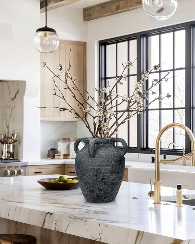 Handmade Flower Vase, 12" Tall Terracotta Vase, Vintage Black Ceramic vase, Rustic Antique Decor with 3 Handles, Wide Mouth, Matte Finish for Home Office Resto Café Décor