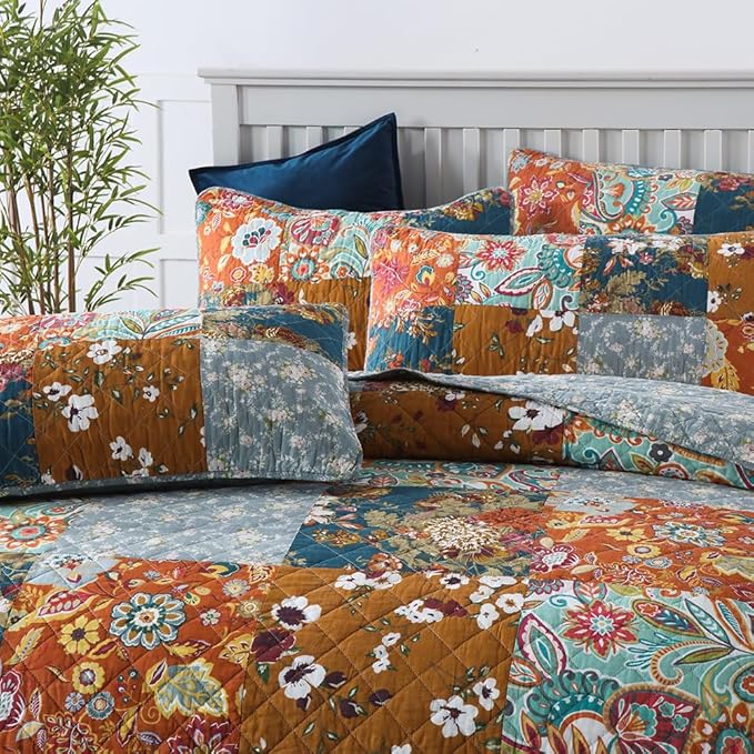 Cotton Bedspread Quilt Sets Reversible Bedding Coverlet Sets 3 Pieces Paisley Vintage Floral Yellow Blue Patchwork Bedspread, Queen Size