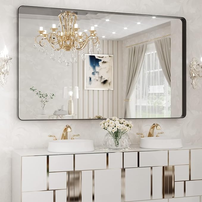 WEER Black Metal Framed Mirror, 60X36 Inch Rectangular Matte Black Wall Mirror for Bathroom, Rounded Corner Black Bathroom Vanity Mirror, Tempered Glass, Anti-Rust, Hangs Horizontal or Vertical