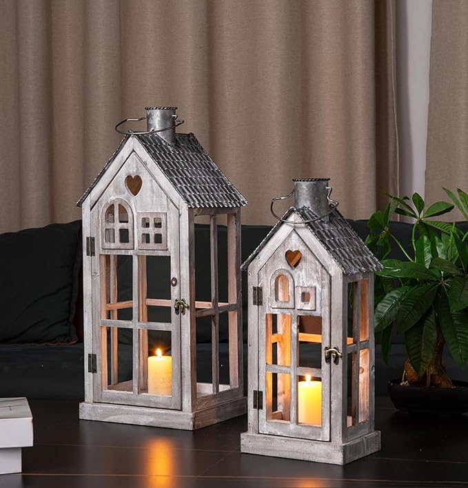 Large Farmhouse Wooden Metal Candle Lantern Set of 2, Rustic Decorative Floor Lanterns, Indoor/Outdoor Village Houses Lantern for Home Decor (No Glass)