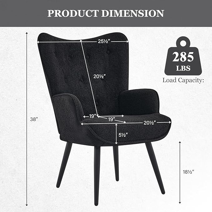 Furnimart Mid-Century Modern Accent Chairs Set of 2, Black Sherpa Wingback Reading Chairs with High Backrest, Armchair for Living Room, Bedroom, Waiting Room