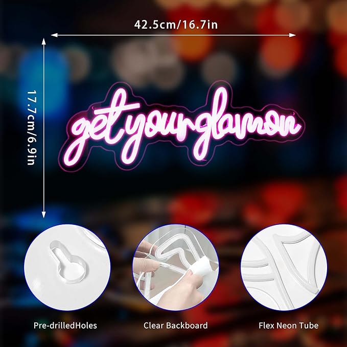 Get Your Glam On Neon Sign, Neon Signs for Wall Decor Neon Pink LED Signs Room Neon Light Up Signs Home Decor for Bedroom Club Party Bar Shop USB Operated