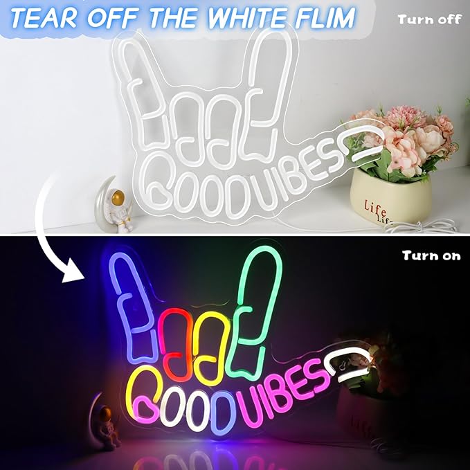 Good Vibes Neon Sign, Dimmable Good Vibes Only Neon Signs Light with ON/OFF Switch, USB Powered Neon Signs for Wall Decor, Colorful Light Up LED signs for Bedroom Game Room Party Club Decor