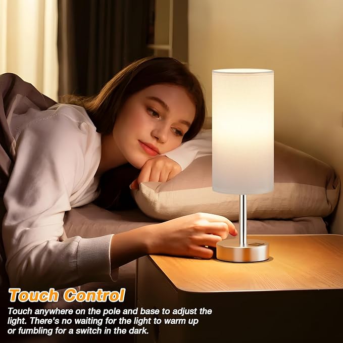 White Touch Bedside Lamp with USB - 3 Way Dimmable Table Lamp for Bedroom, Nightstand Lamp with Nickel Charging Station and Silver LampHolder for Dorm Kids Room, Small