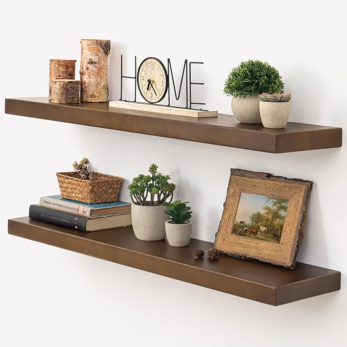 Marsmiles Floating Shelves for Wall - 36 Inch Dark Wood Floating Shelves Set of 2-36 Inch Wide x 7.7 Inch Deep x 1.6 Inch Thick Rustic Wooden Shelves for Room Wall