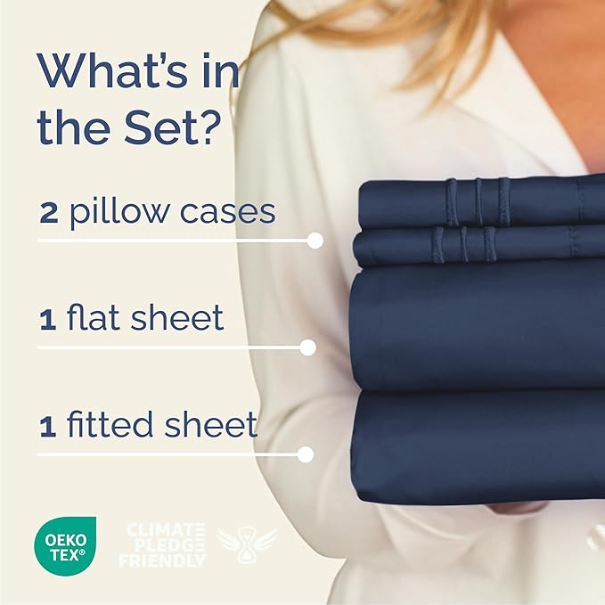 Cal King Size 4 Piece Sheet Set - Comfy Breathable & Cooling Bed Sheets Set - Hotel Luxury Bedding for Women, Men, Kids, Teens, Boys & Girls - Deep Pockets, Soft, Wrinkle Free - Oeko-Tex - Navy Blue