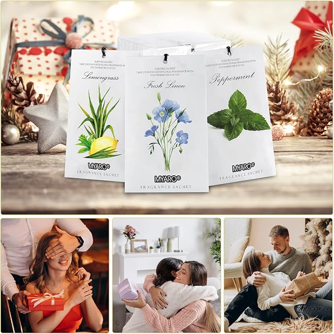 MYARO 12 Pcs Scented Sachets for Drawer and Closet, Long-Lasting Closet Deodorizer Freshener, Potpourri Bags Fresh Scents Sachet Packets Smell Goods for House - Fresh Linen, Peppermint and Lemongrass