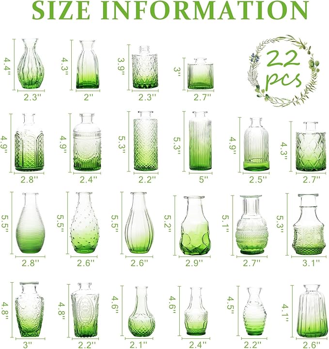 22 Pack Bud Vase in Bulk - BEAHOT Green Flower Vases for Wedding Decorations, Glass Vase for Table Decorations, Small Vase for Home, Mother's Day, Centerpieces, Party, Office(Green Gradient)