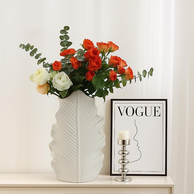 White Matte Ceramic Leaf-Shaped Vase – BEAHOT Modern Minimalist Decorative Flower Vase with Embossed Leaf Texture for Table Centerpiece, Home & Office Decor