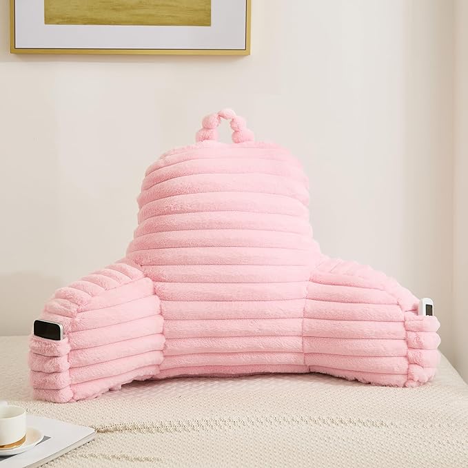 Faux Fur Fluffy Pink Reading Pillow with Pockets, Luxury Striped Plush Decorative, Arm Rests and Back Surport for Bed Rest, Lounging on sofa, Large