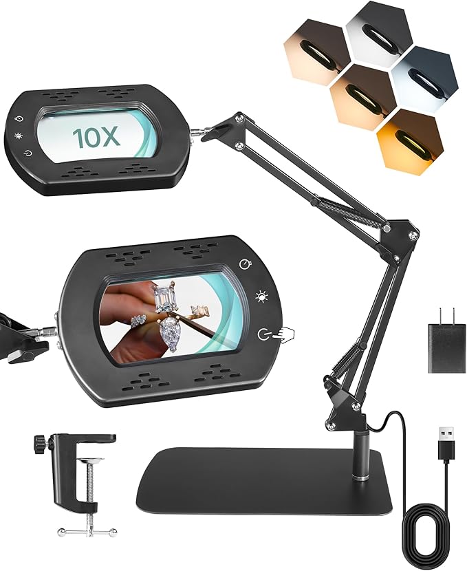 10X Square Magnifying Glass with Light and Stand, 2-in-1 LED Lighted Desk Lamp & Clamp, 5 Color Modes Stepless Dimmable, Hands-Free Magnifier Desk Lamp for Reading Craft Close Work B01DL05
