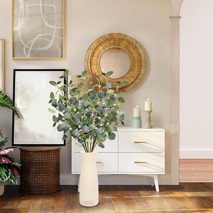 6 PCS 27.5" Artificial Eucalyptus Stems with Berries, Faux Eucalyptus Branches Fake Greenery Plants Stems for Vase Home Party Wedding Spring Decorations