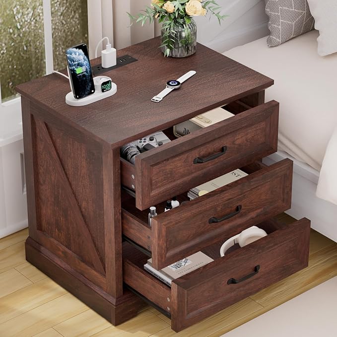 HOMMPA 24'' Farmhouse Nightstand with Charging Station, Bedside Tables with Storage, Side Table with USB Port, 3 Drawers End Table Dresser, Wood Night Stand for Bedroom, Living Room, Maroon Brown